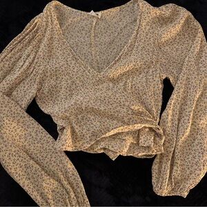 Cotton On Floral Wrap Blouse with Balloon sleeves- Nude/Beige/Cream